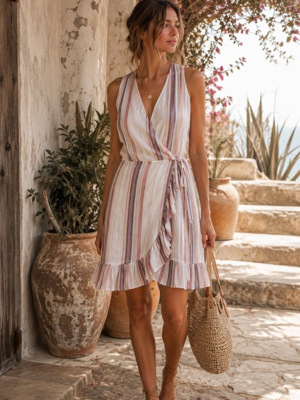 Rails Madison Linen Wrap Dress Jewel Stripe Pink White SZS Summertime Beachy